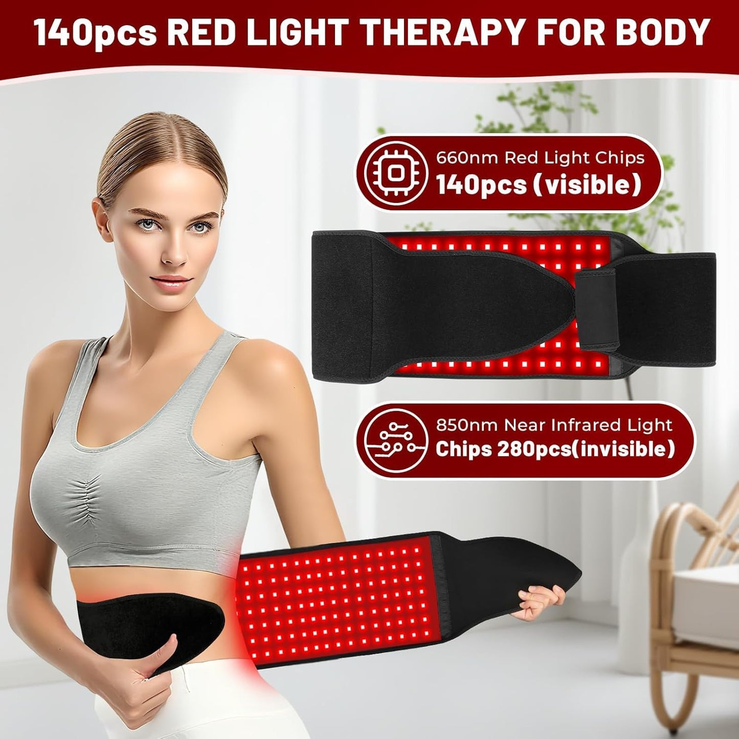 Red Light Therapy Belt Wrap with Timer, 660nm & 850nm, 315 LEDs, Adjustable Size for Back and Muscles