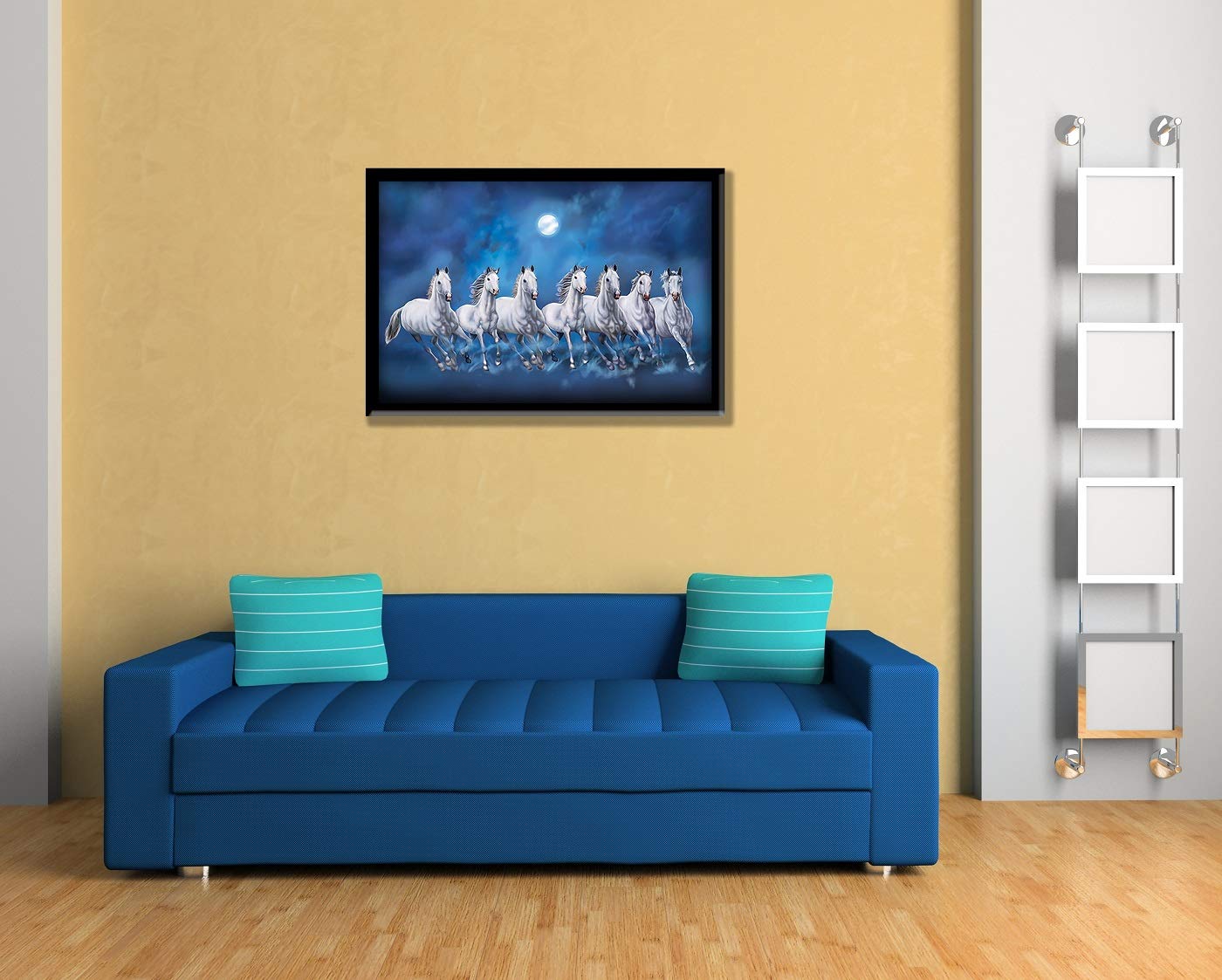 Wall Painting - Framed Seven Lucky Running Vastu Horses Art - MDF Board - Ocean Blue - 12 Inch x 18 Inch