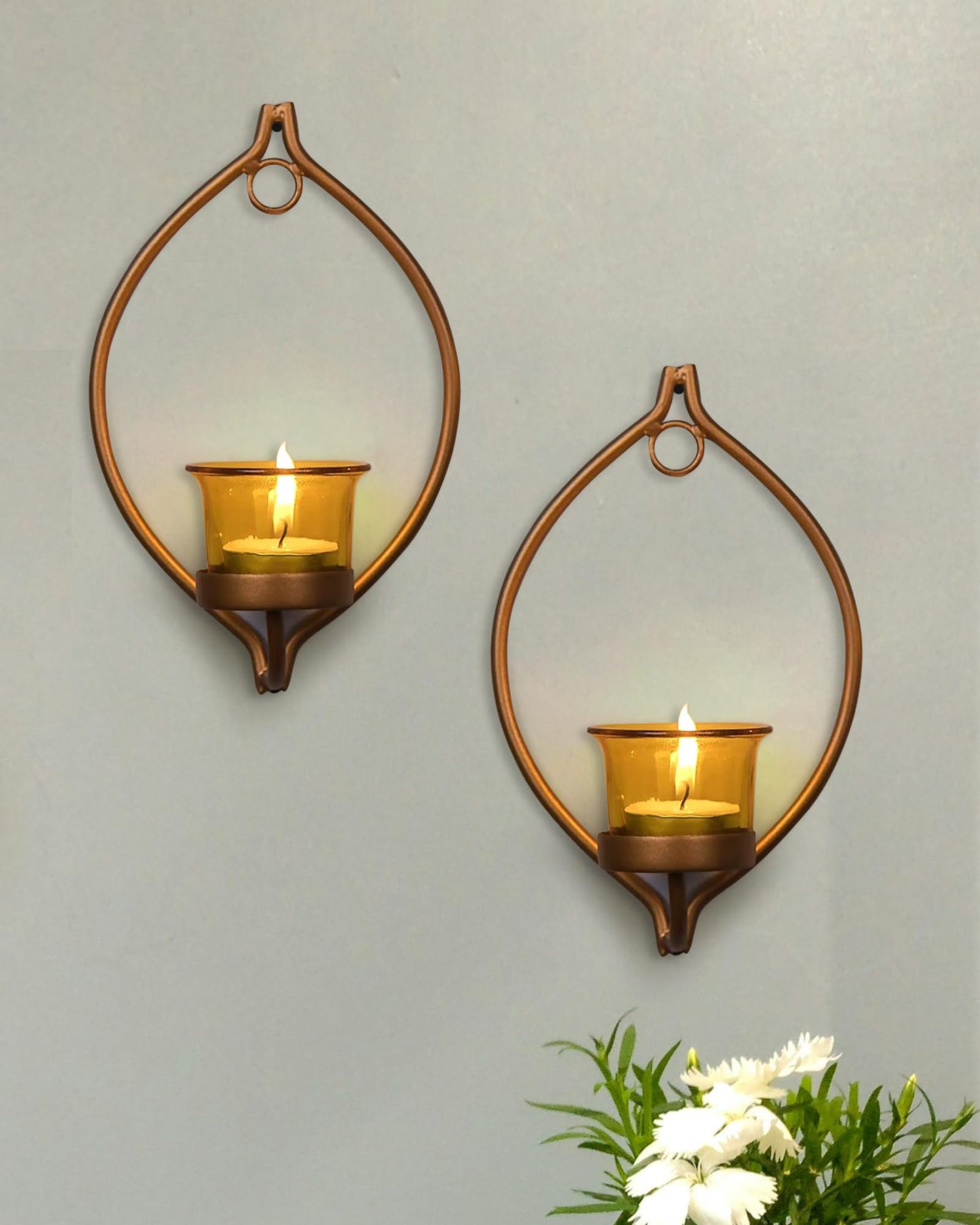 Wall Candle Sconce Set of 2 Modern Iron Holders Black with Glass 30cm