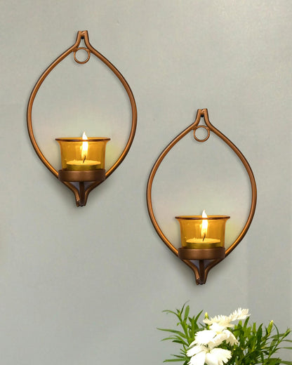 Wall Candle Sconce Set of 2 Modern Iron Holders Black with Glass 30cm