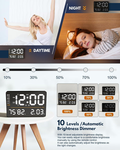 Large Digital Wall Clock with Remote Control, Automatic Brightness, Temperature Display - Square Design