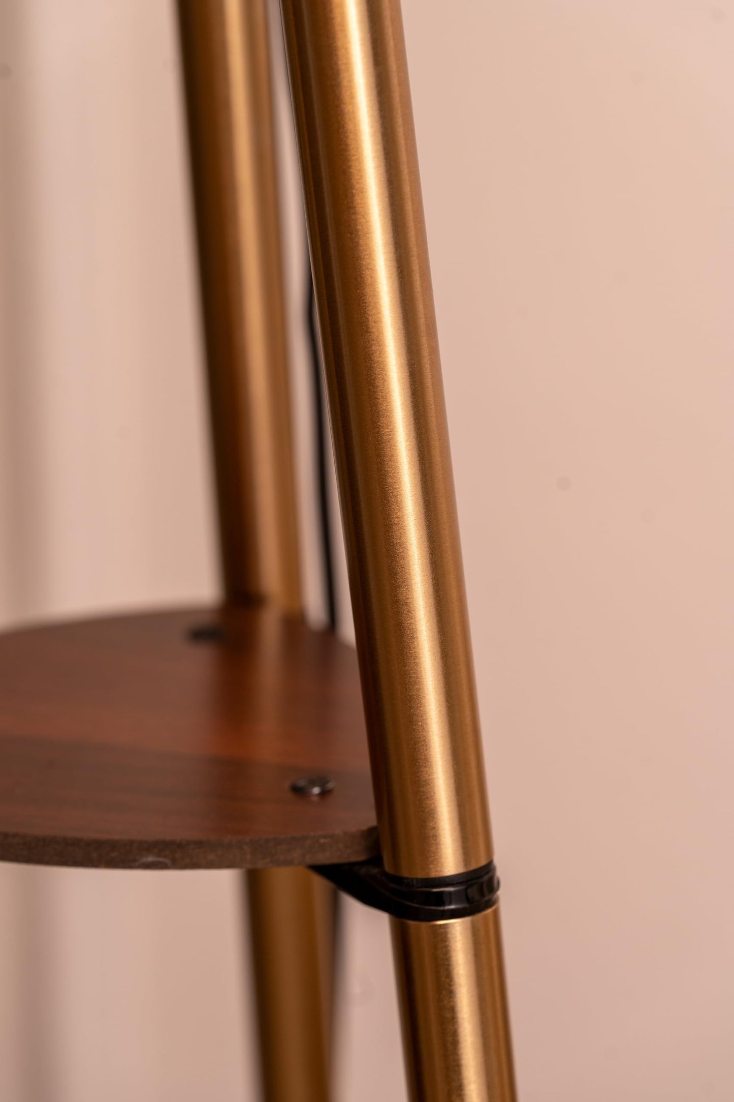 Floor Lamp with Three Shelves, Brass Antique Finish, 5Ft Height, Off White Drum Shade, LED Bulb Included