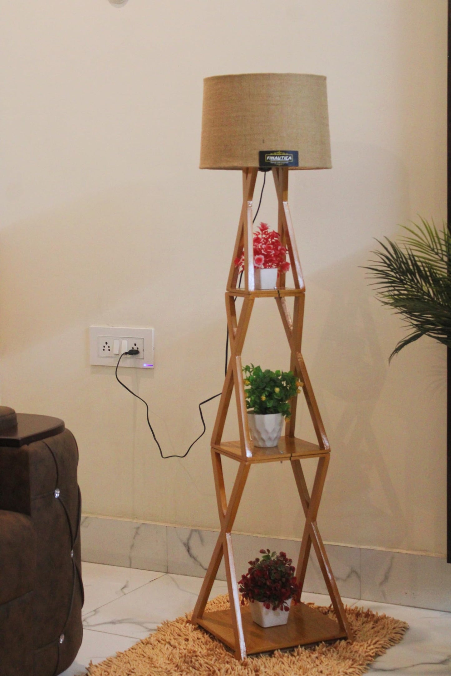 Floor Lamp with Jute Drum Shade 11 x 12 Inch - Wooden Finish - Easy Installation