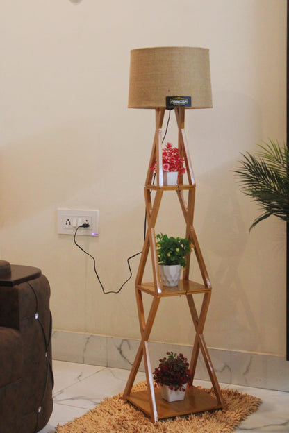 Floor Lamp with Jute Drum Shade 11 x 12 Inch - Wooden Finish - Easy Installation