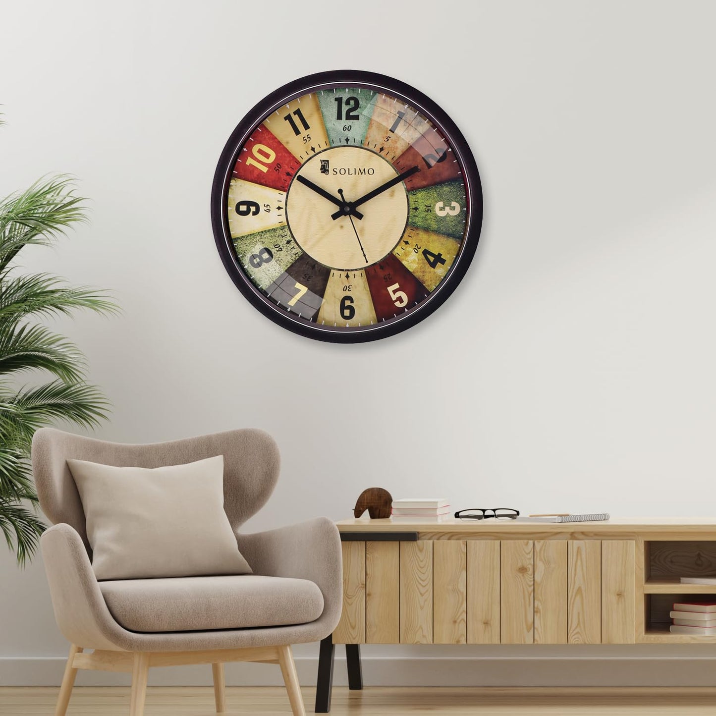 Wall Clock with Silent Movement, 12 Inch Diameter, Black Plastic Frame with Glass Face