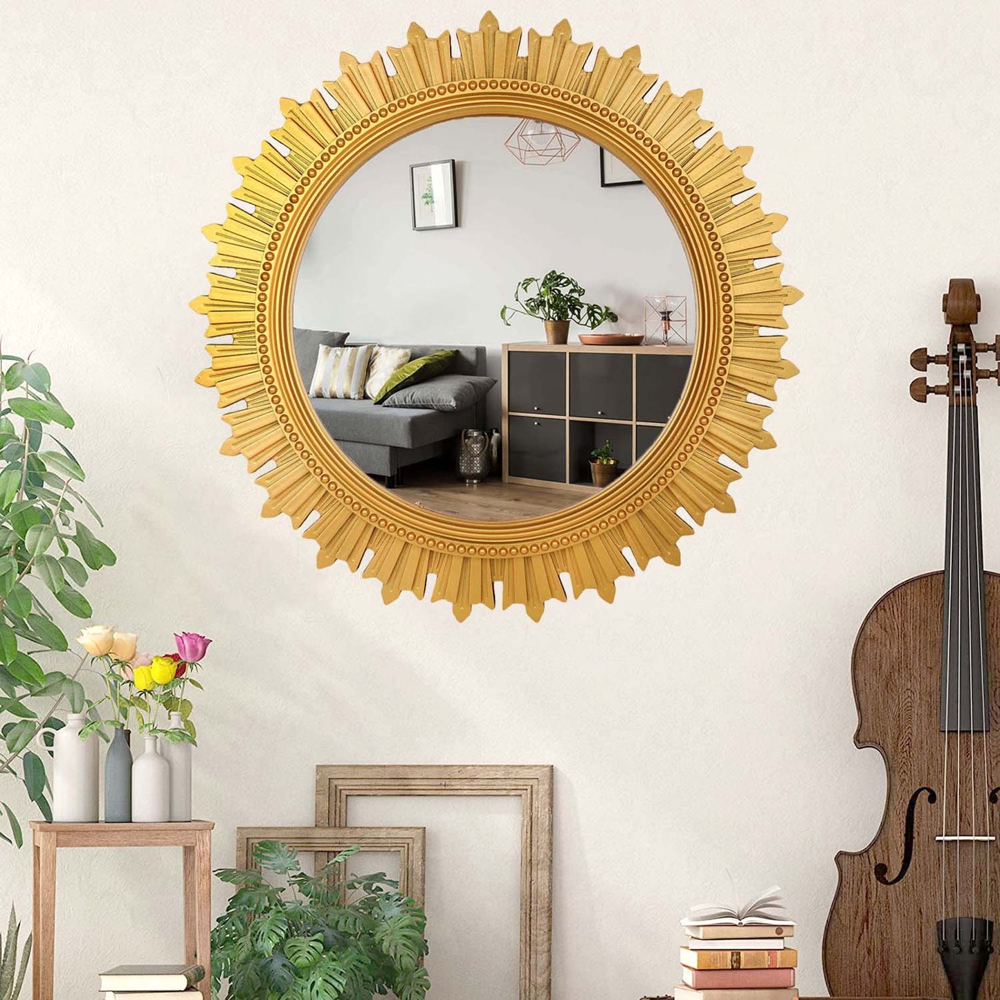 EFINITO Sunburst Wall Mirror, Decorative Framed Mirror for Bathroom, Bedroom, Living Room & Vanity (17 Inch)