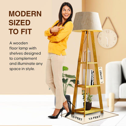Wooden Floor Lamp with LED Bulb, Natural Linen Shade, 3 Shelves, 150 cm