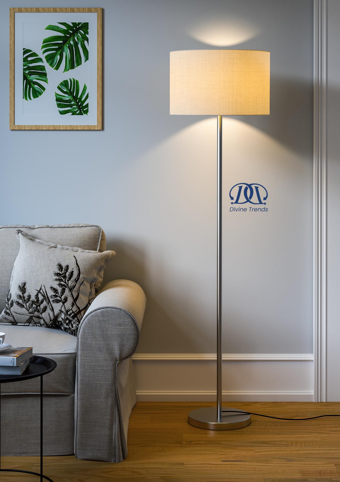 LED Floor Lamp Modern Design Stainless Steel Finish 5Ft Height Off White Lampshade 16 Inches