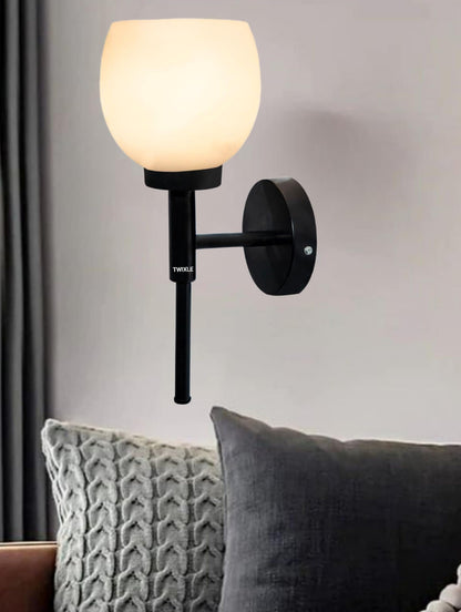 Metal Wall Light with Glass Shade, Black, 32cm Height, Modern Design, E27 LED Compatible
