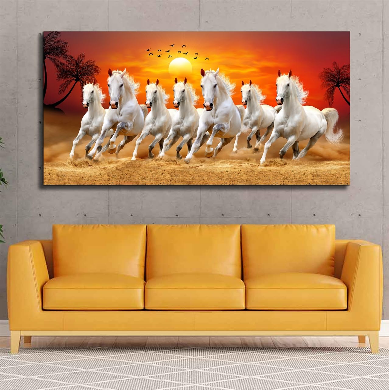 Canvas Wall Painting Seven Running Horses at Sunrise with Wooden Frame 48x24 inches