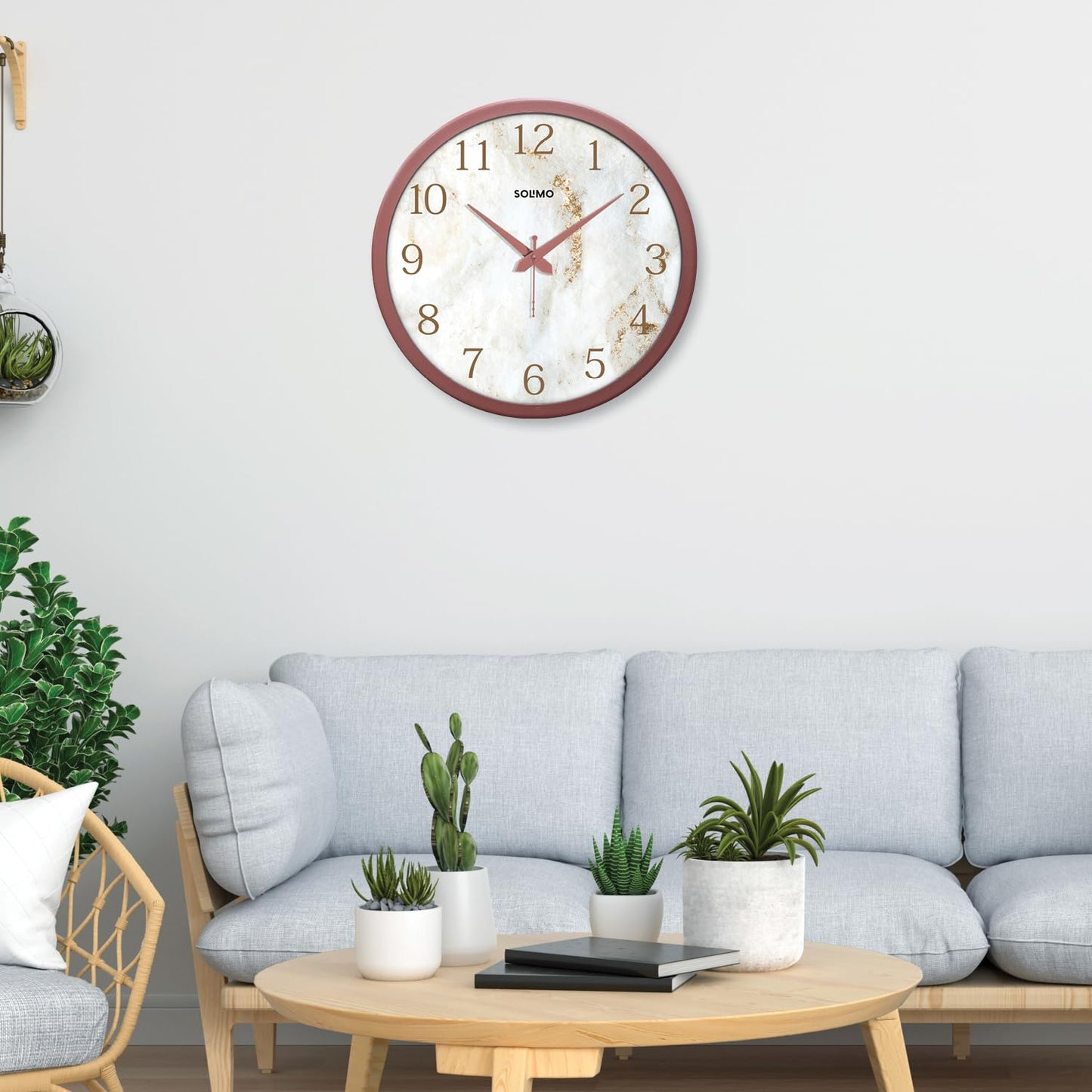 12-Inch Marble Dial Plastic Analog Wall Clock with Silent Movement - Copper Frame