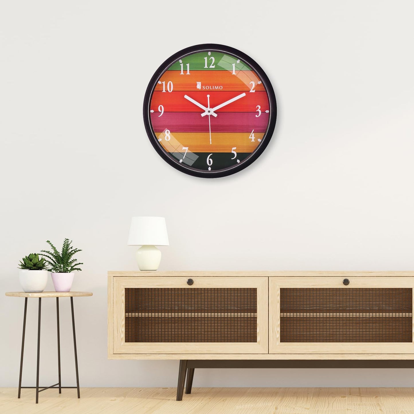 Wall Clock with Step Movement - 12 Inch Diameter, Black Plastic Frame, Glass Face