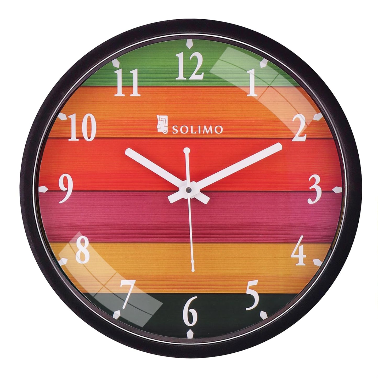 Wall Clock with Step Movement - 12 Inch Diameter, Black Plastic Frame, Glass Face