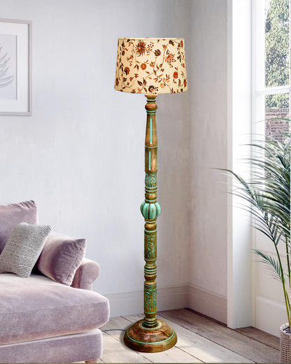 Wooden LED Floor Lamp with Spiral-Carved Design and Linen Shade - 142x30x27cm - Multicolor