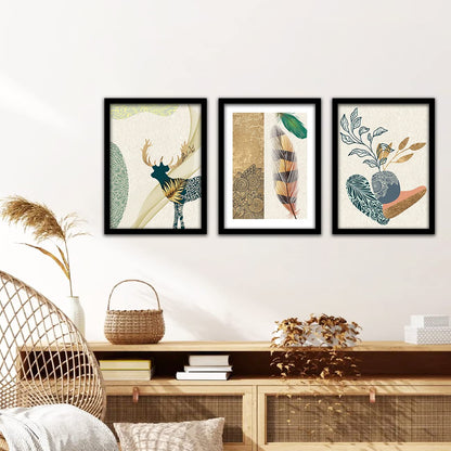 Framed Canvas Painting Set of 3 - Modern Art Wall Decor - Black Frame - 10 x 13 inch