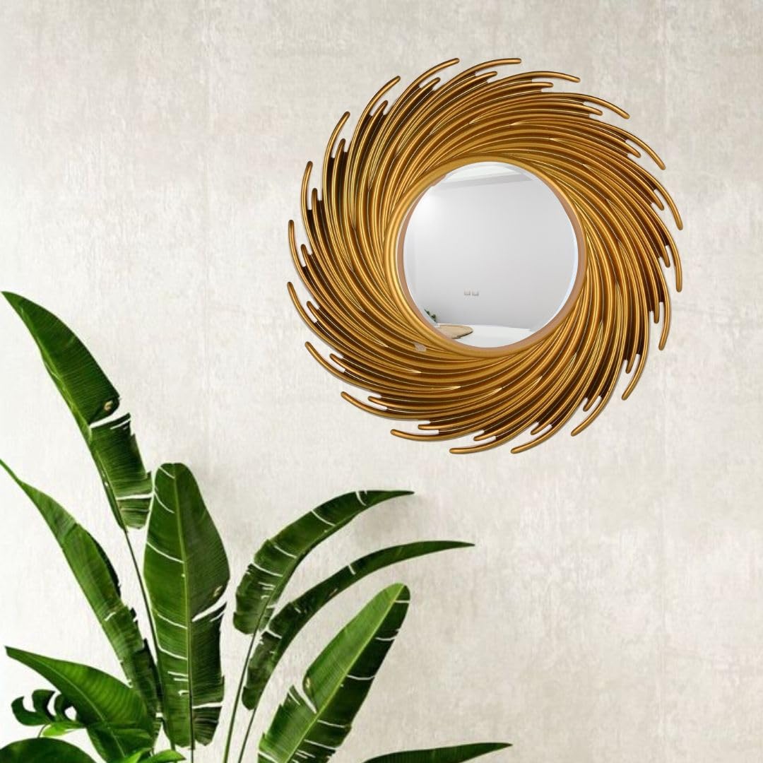 Round Spiral Shape Wall Mirror with Golden Acrylic Frame - 22 cm x 22 cm
