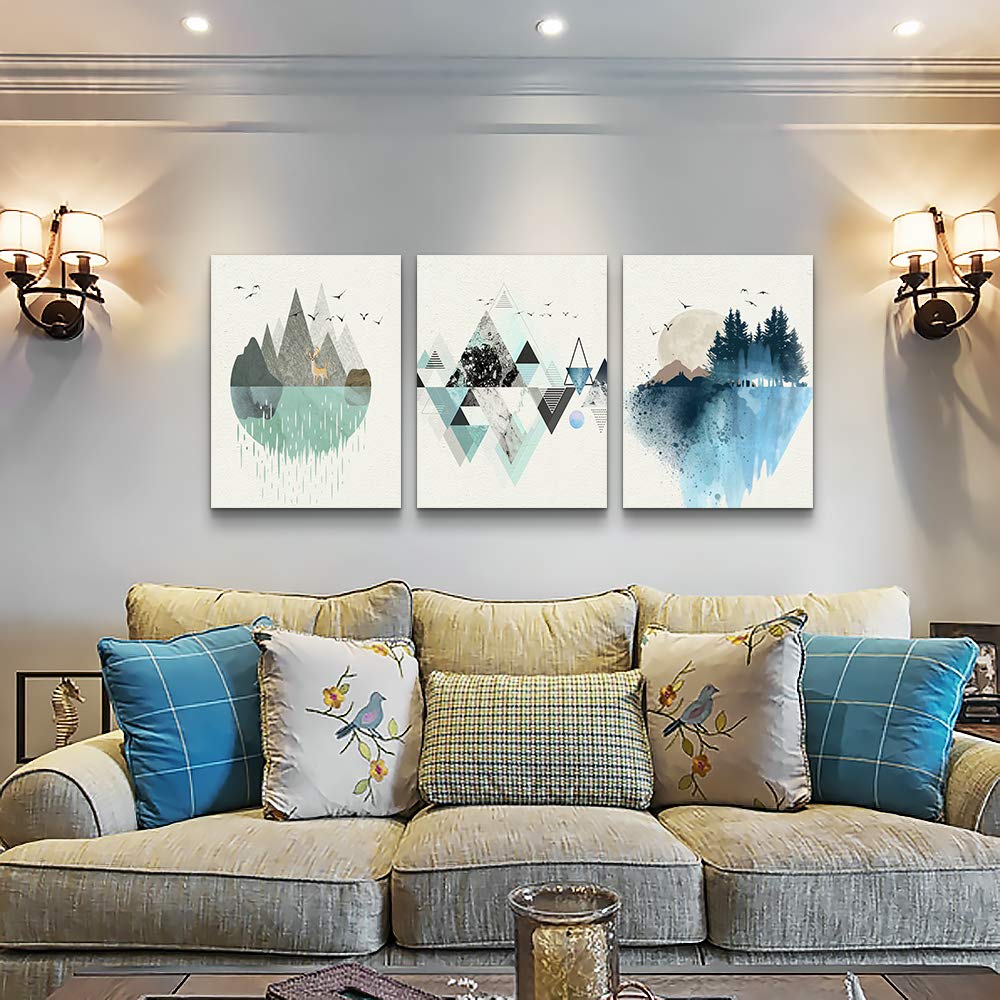 Abstract Geometry Mountain Canvas Painting Set - 3 Panels, 16x24 Inch (40x60 cm), Modern Wall Art