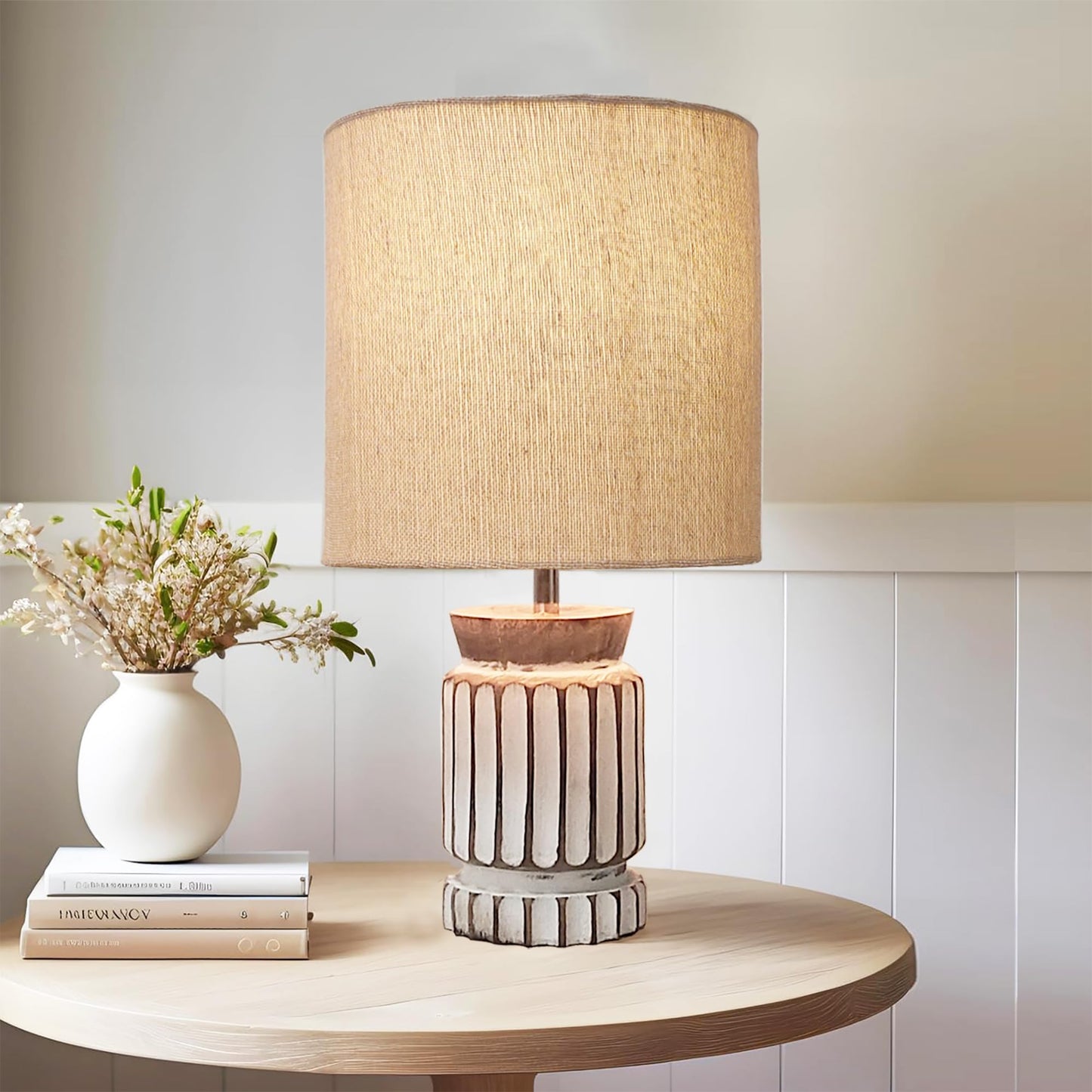 Table Lamp Retro Farmhouse Design Linen Shade Wood Base 20x20x40 cm White LED