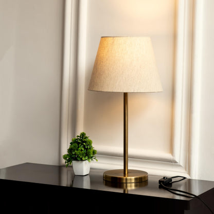 LED Table Lamp Modern Brass Antique Finish 19 Inch Height with 10 Inch Off White Tapered Shade