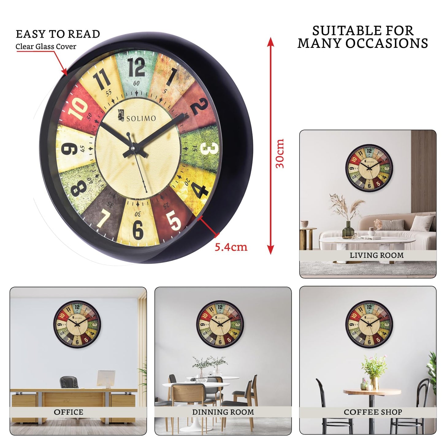 Wall Clock with Silent Movement, 12 Inch Diameter, Black Plastic Frame with Glass Face