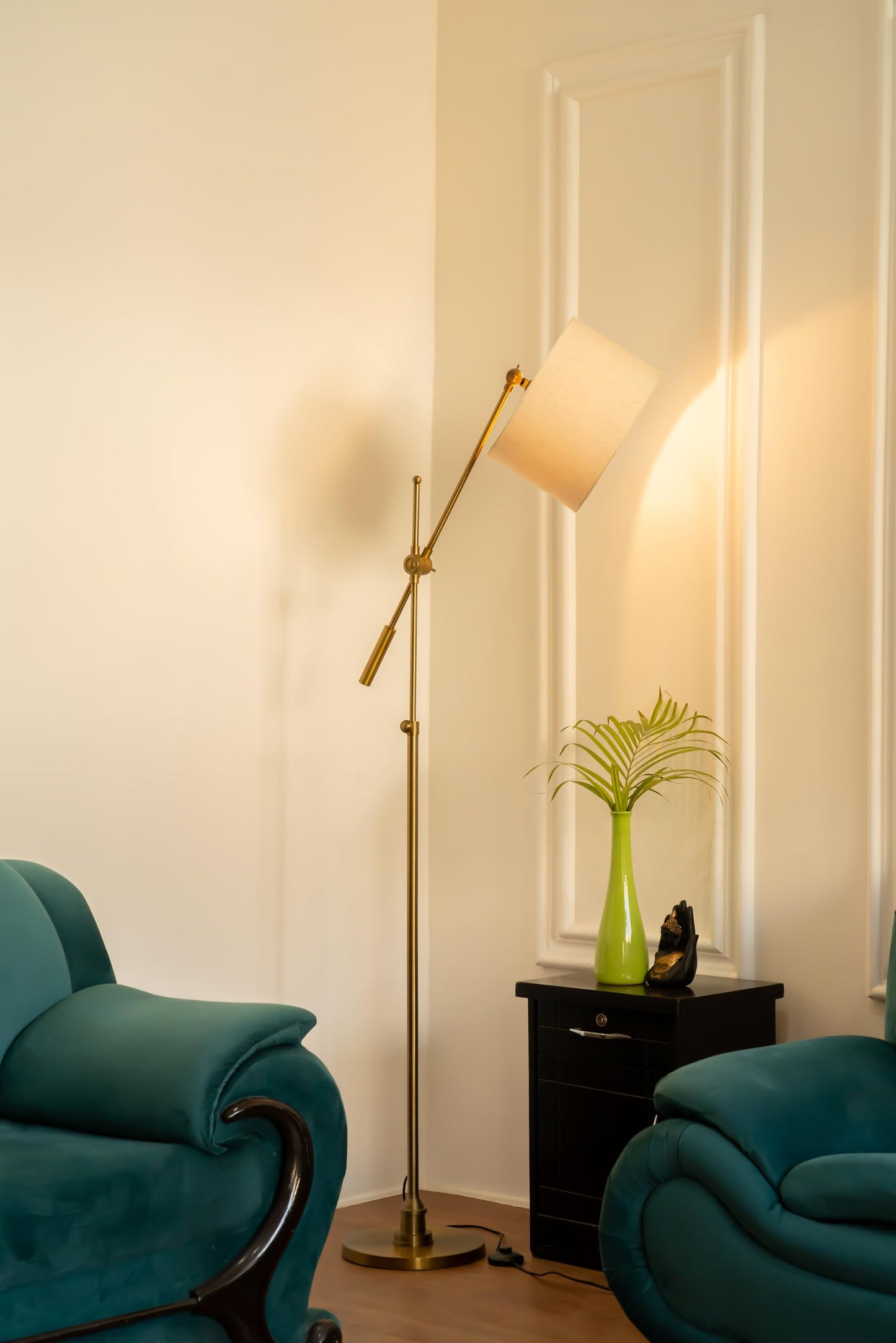 LED Floor Lamp with Adjustable Height and Rotatable Arm, Antique Brass Finish