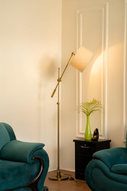 LED Floor Lamp with Adjustable Height and Rotatable Arm, Antique Brass Finish