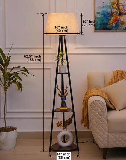 Shelf Floor Lamp with 3 Wooden Shelves, Black Finish, 5 Feet Height, LED Bulb Included
