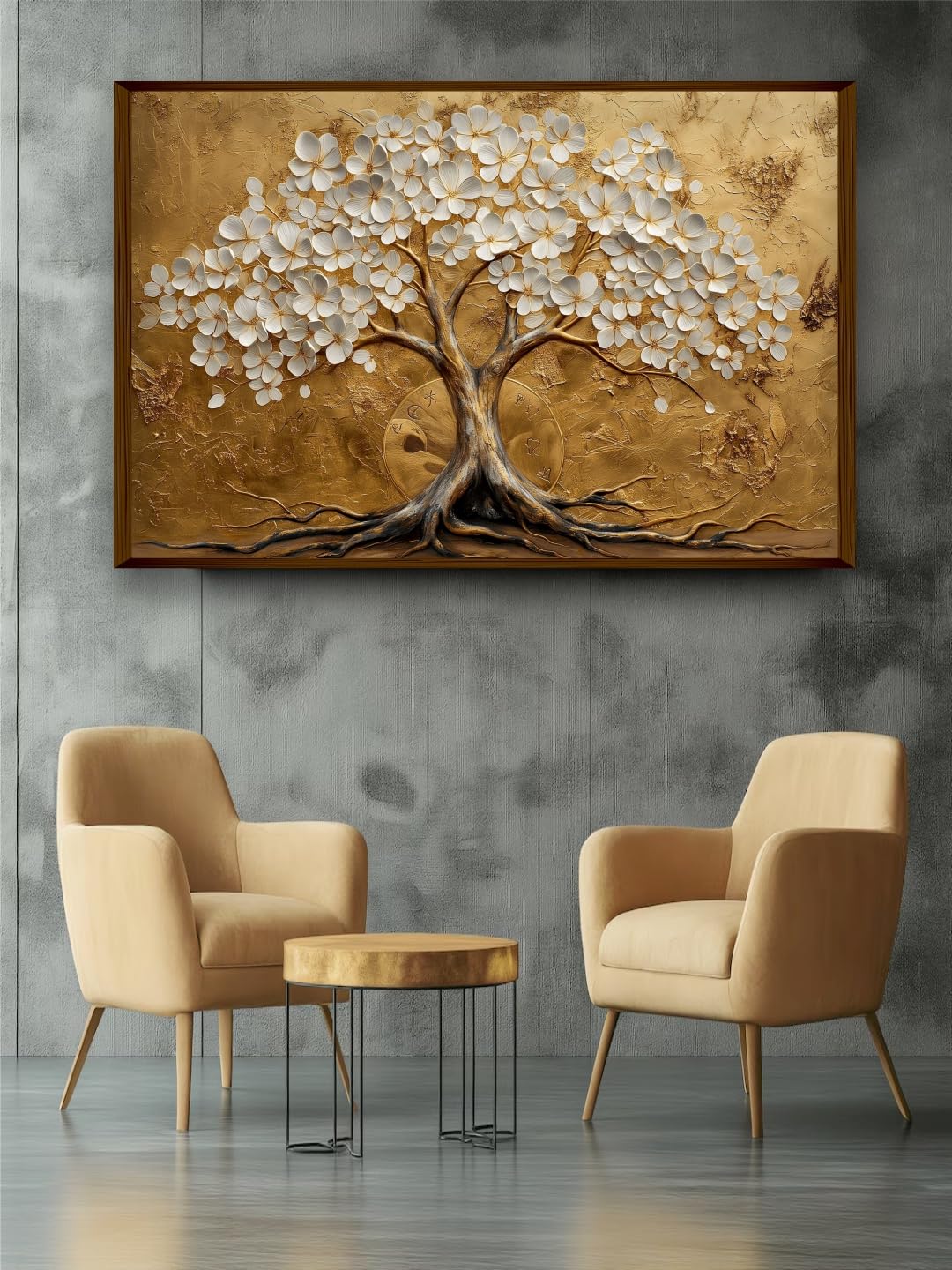 Wall Painting Golden Lucky Wish Tree Canvas Print with Brown Frame 24x36 inches (61x91 cm)
