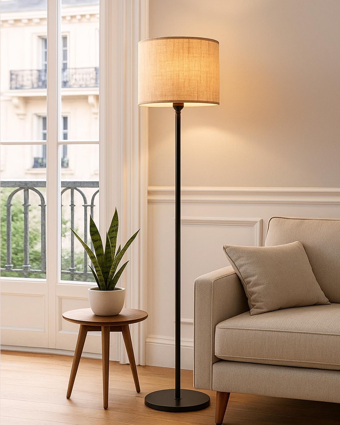 LED Floor Lamp with Wooden Base - Beige - 30x30x127cm - Modern Vintage Design