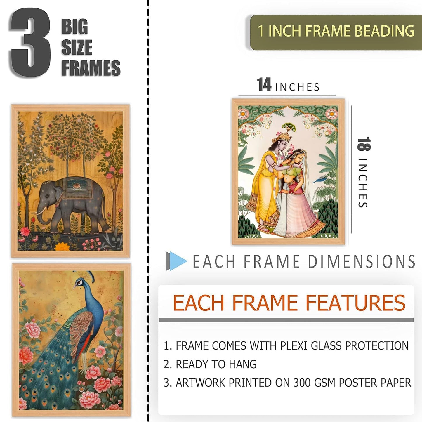 Wall Painting Set of 3 - Abstract Modern Mural - Beige Frame - 14x18 Inches - Acrylic Protection