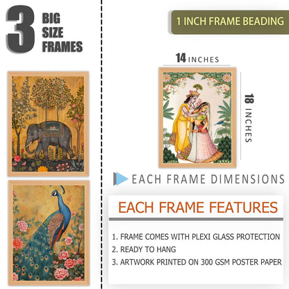 Wall Painting Set of 3 - Abstract Modern Mural - Beige Frame - 14x18 Inches - Acrylic Protection
