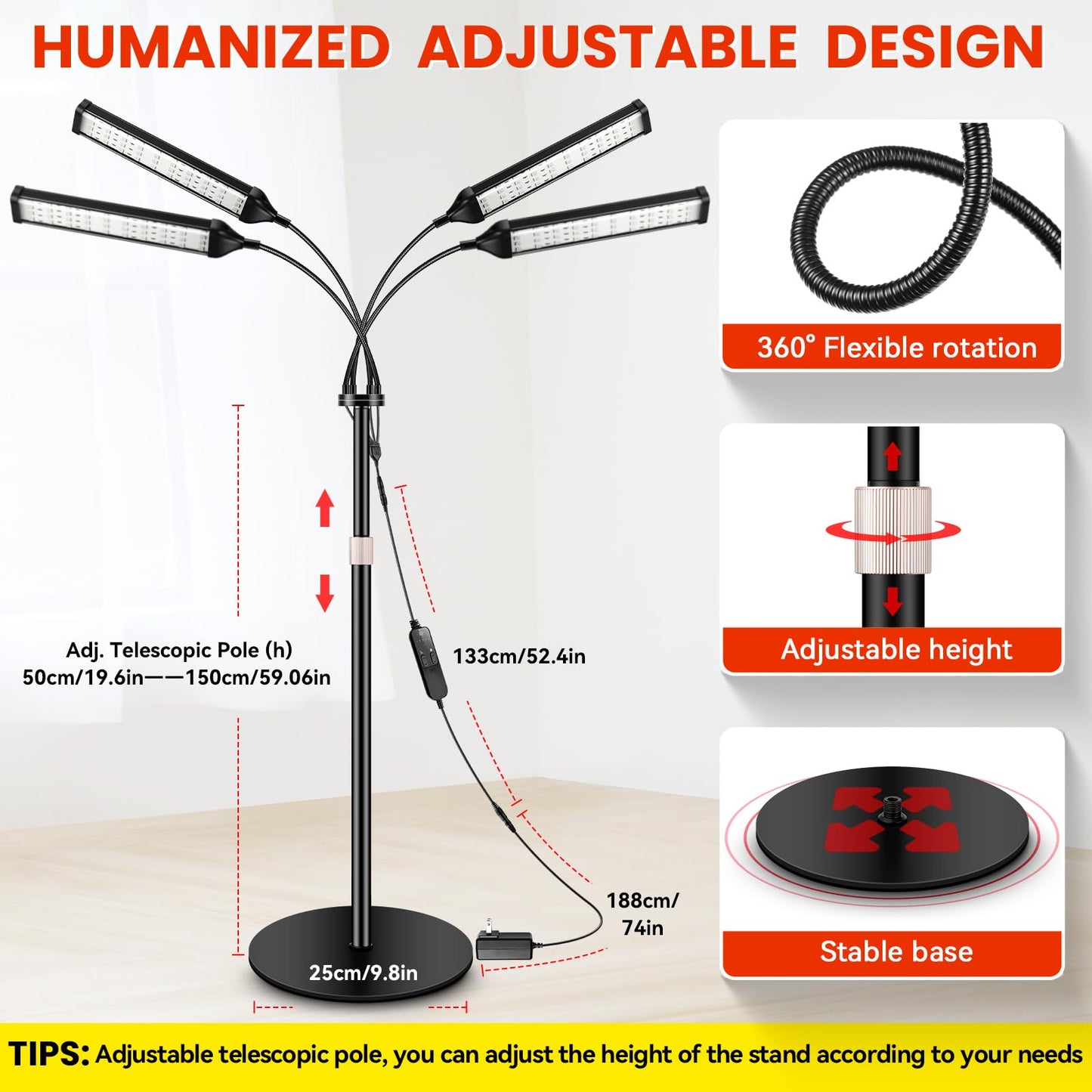 Red Light Therapy Lamp with Adjustable Stand, 160 LEDs, 660nm Red & 850nm Near Infrared, for Face and Body