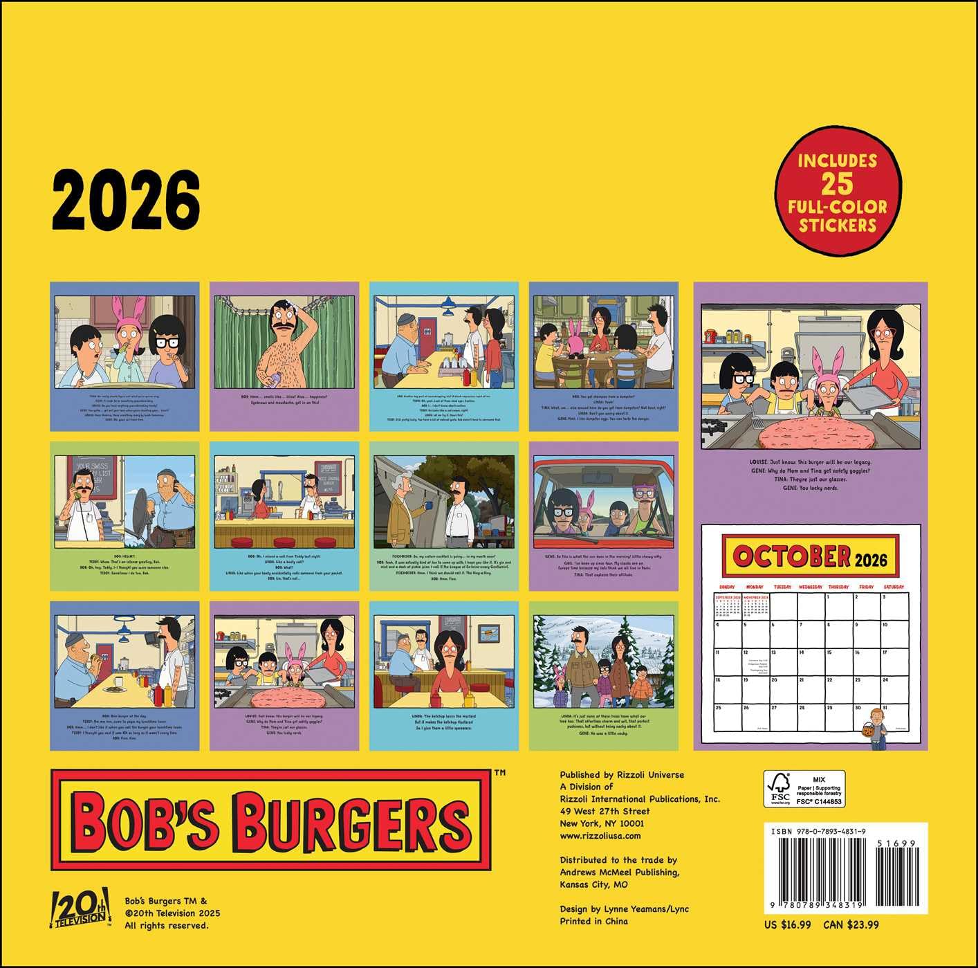 Bob's Burgers 2026 Wall Calendar (Includes Stickers) 
