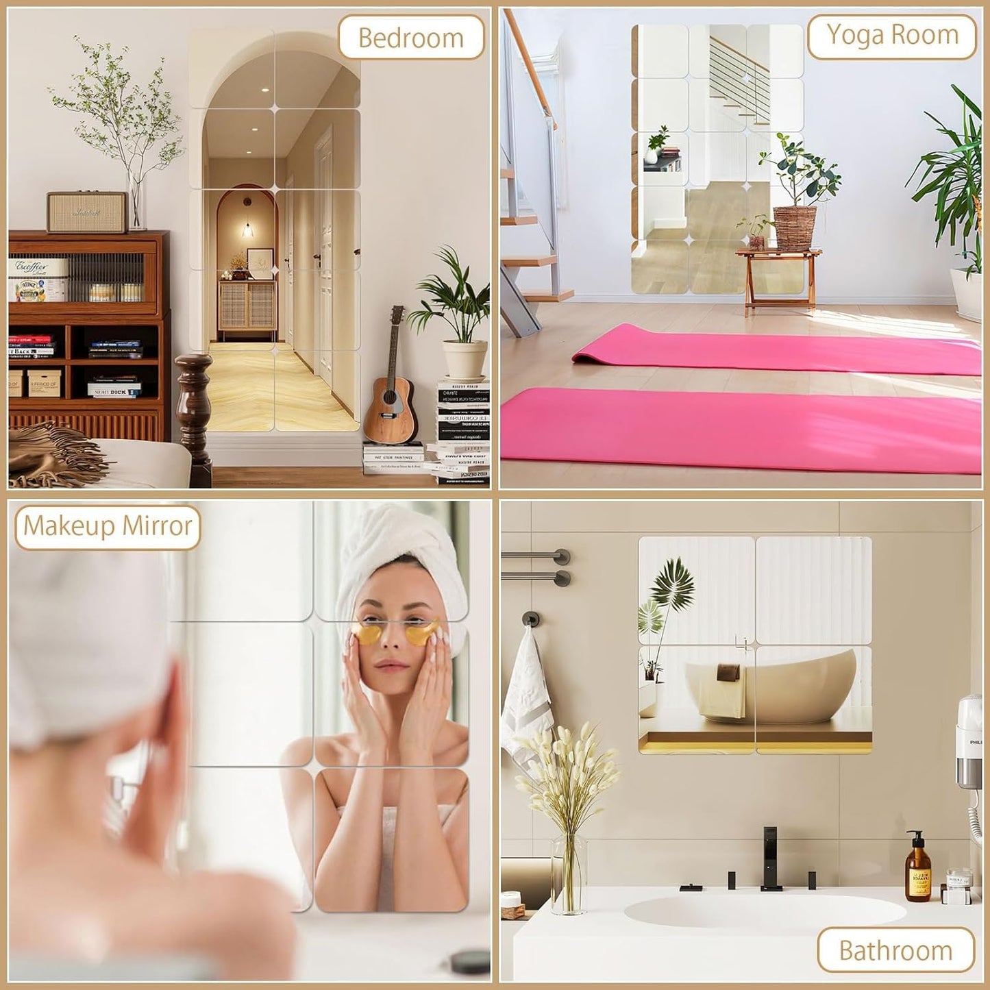 Frameless Acrylic Mirror Tiles - 2MM Thick, 8 x 8 Inch, Transparent, Self-Adhesive, Set of 4
