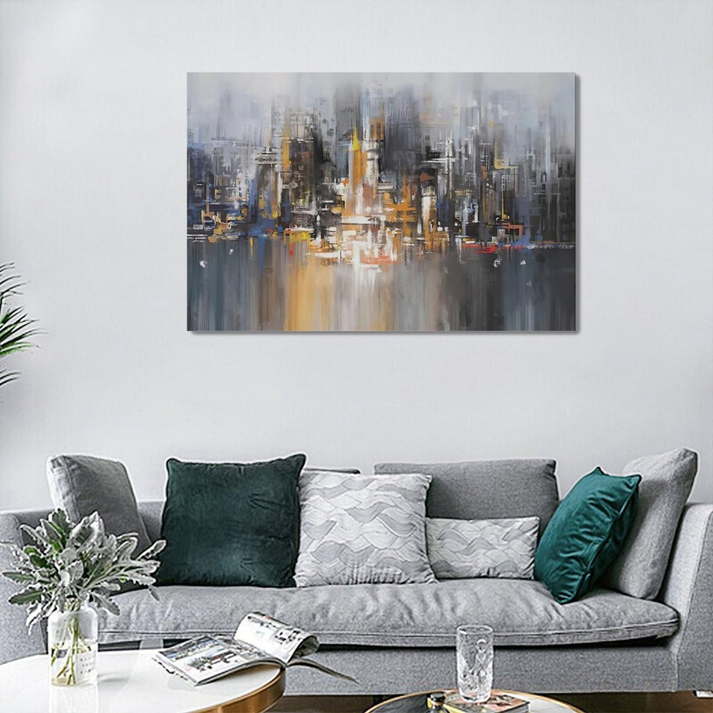 Abstract City Skyline Canvas Painting Grey and Yellow 24"x16" Modern Art for Home Office Decor
