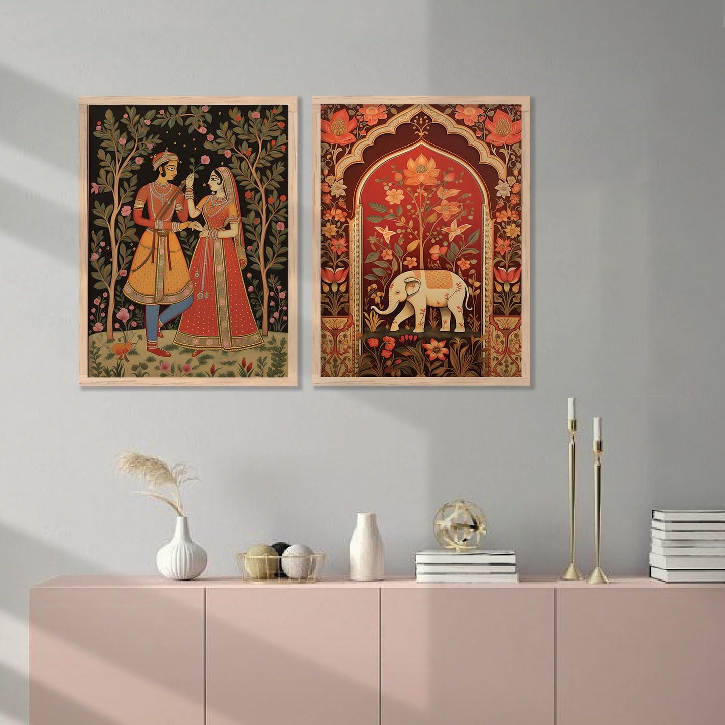 Framed Madhubani Art Painting Set of 2 - Traditional Rajasthani Style - 10 inch x 13 inch - Engineered Wood Frame