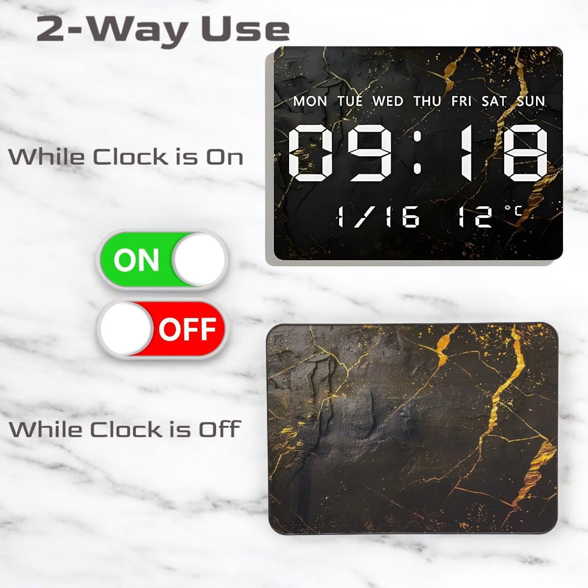 Digital Wall Clock with LED Display, 27x20cm, Black & Gold, USB Powered
