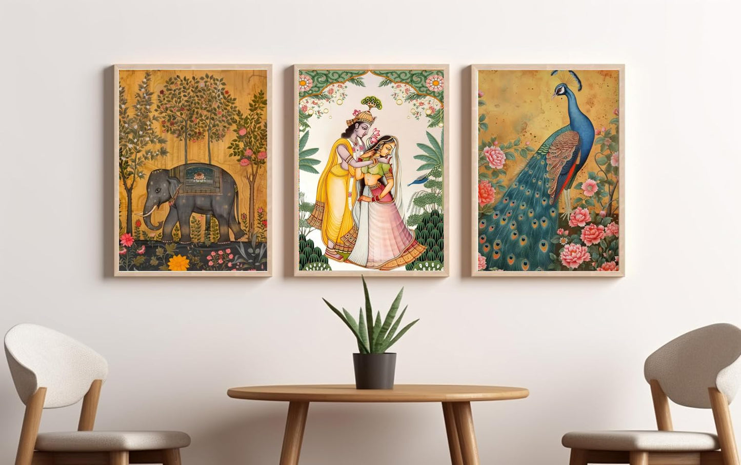 Wall Painting Set of 3 - Abstract Modern Mural - Beige Frame - 14x18 Inches - Acrylic Protection