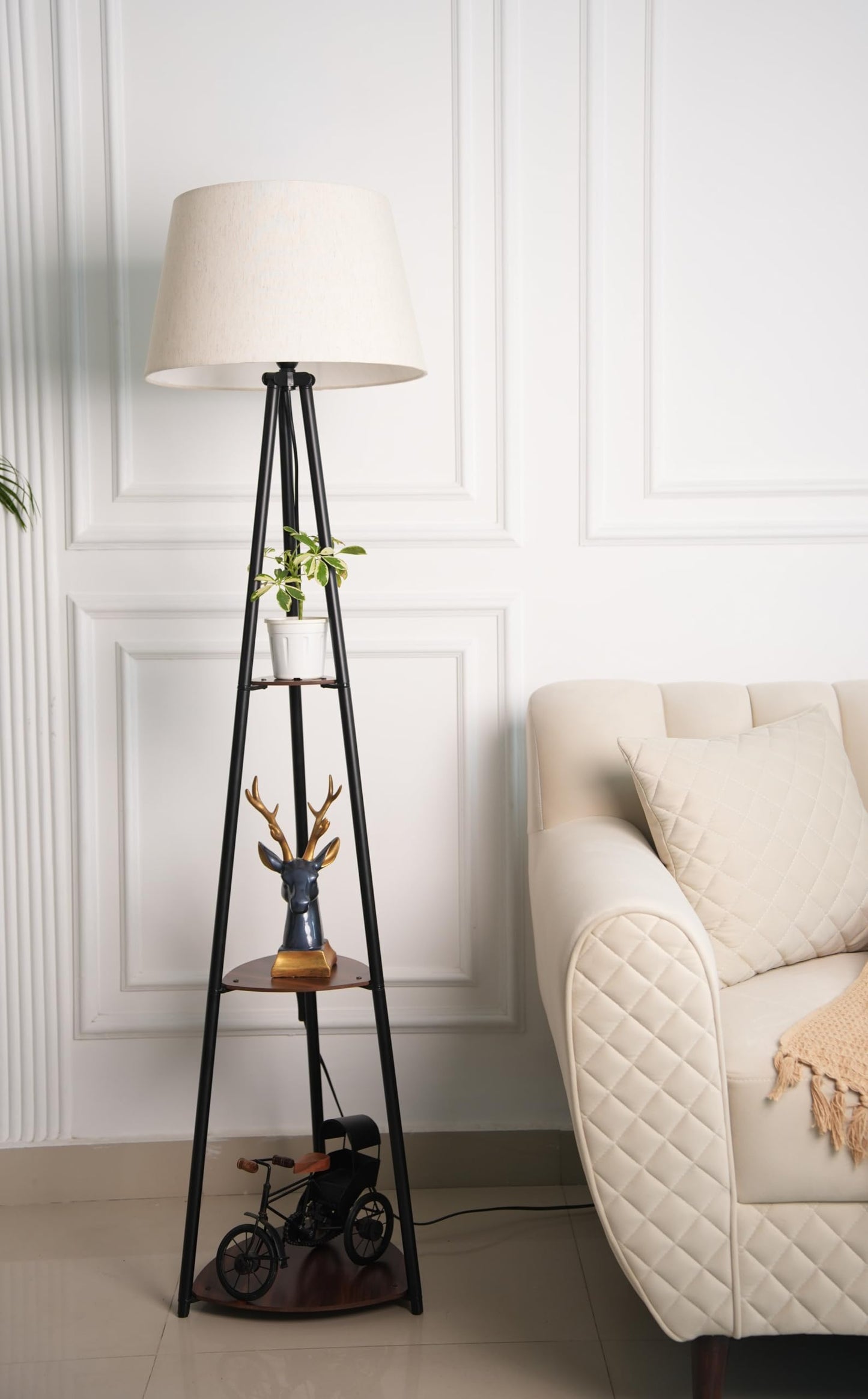 Shelf Floor Lamp with 3 Wooden Shelves, Black Finish, 5 Feet Height, LED Bulb Included