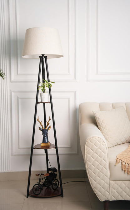 Shelf Floor Lamp with 3 Wooden Shelves, Black Finish, 5 Feet Height, LED Bulb Included