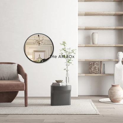 Round Wall Mirror with Metal Frame in Black - Modern Design - 14 inch