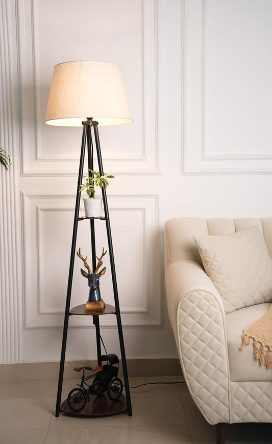 Shelf Floor Lamp with 3 Wooden Shelves, Black Finish, 5 Feet Height, LED Bulb Included