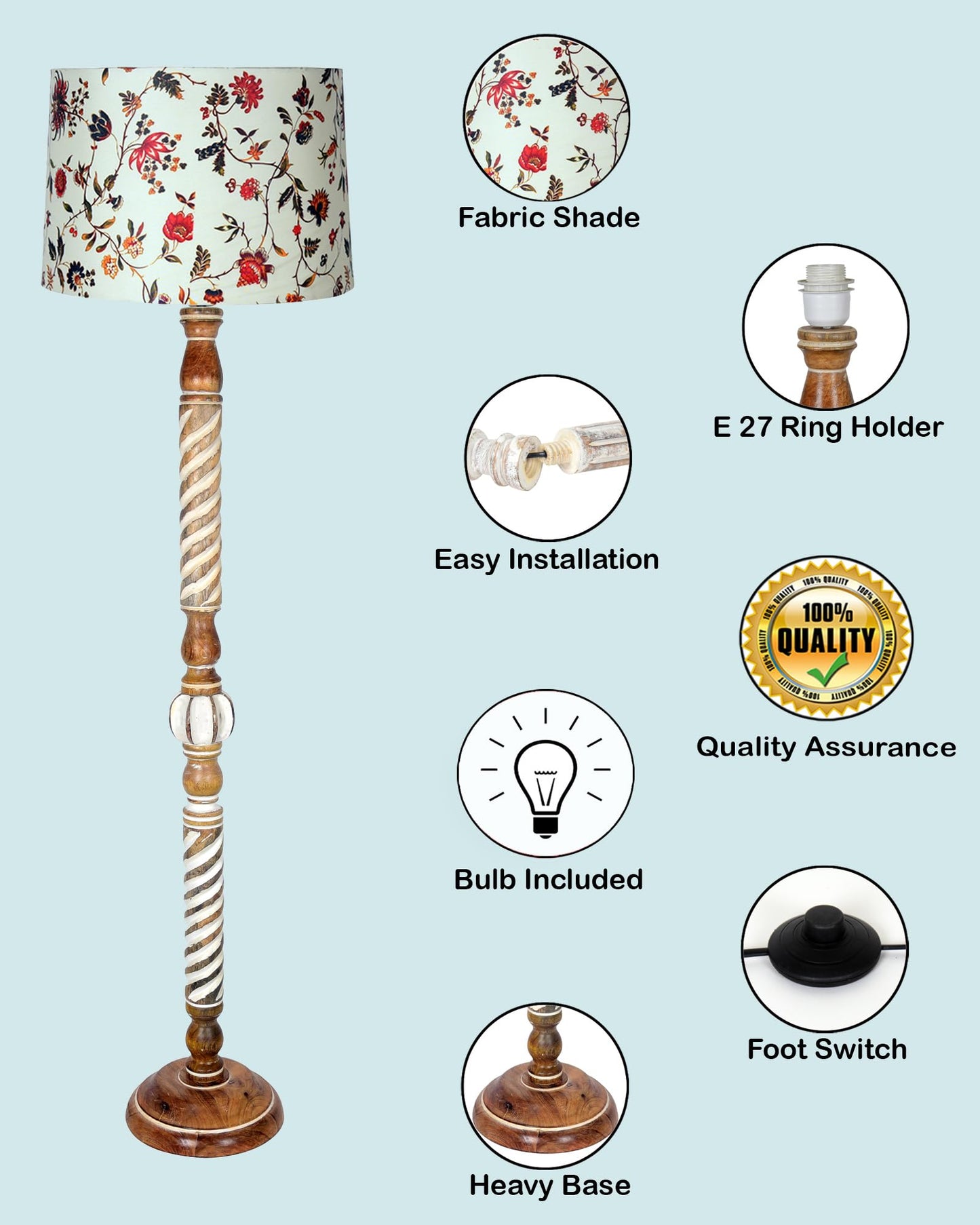 Wooden Floor Lamp with Spiral-Carved Design and Beige Fabric Shade - 142x30x27cm