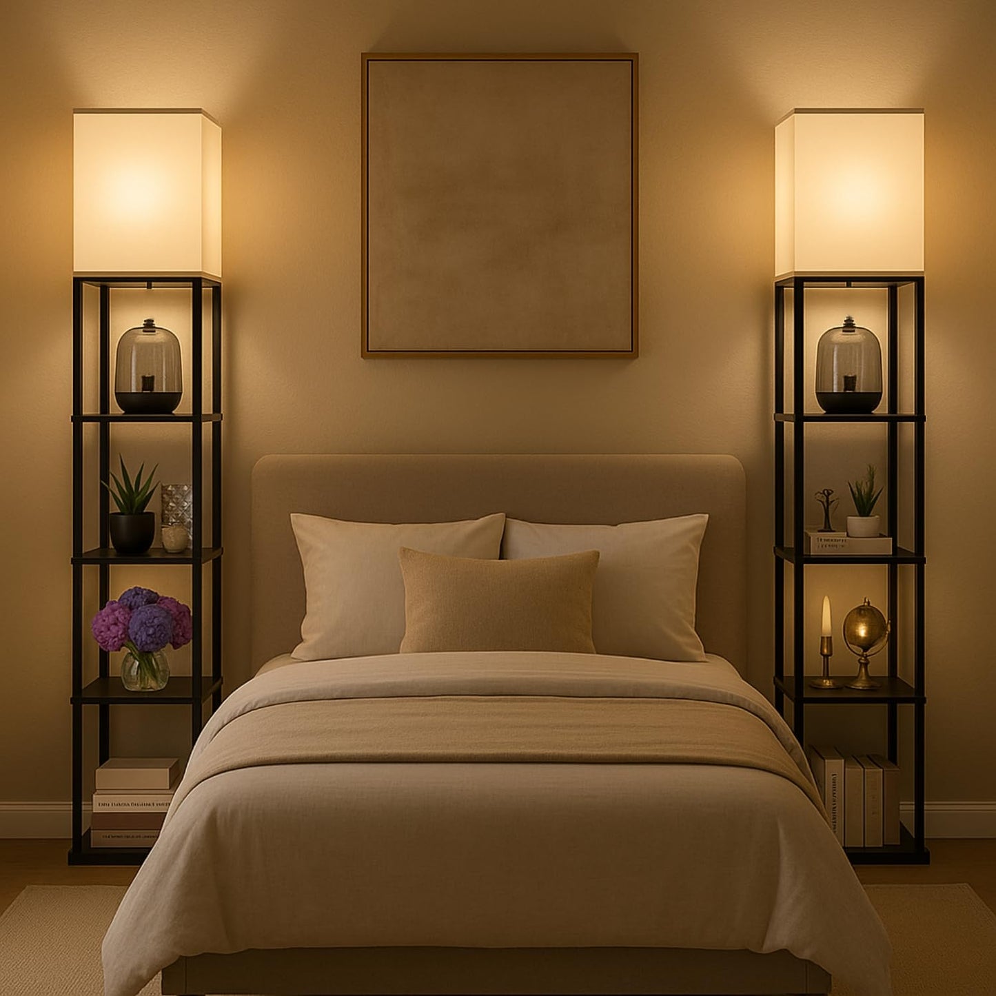 LED Floor Lamp with 3 Color Modes, Metal & Wooden Shelves, 209 cm Tall, Black