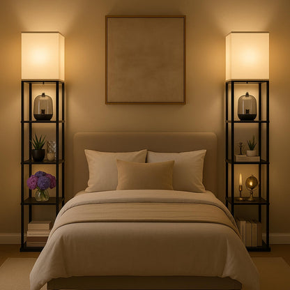 LED Floor Lamp with 3 Color Modes, Metal & Wooden Shelves, 209 cm Tall, Black