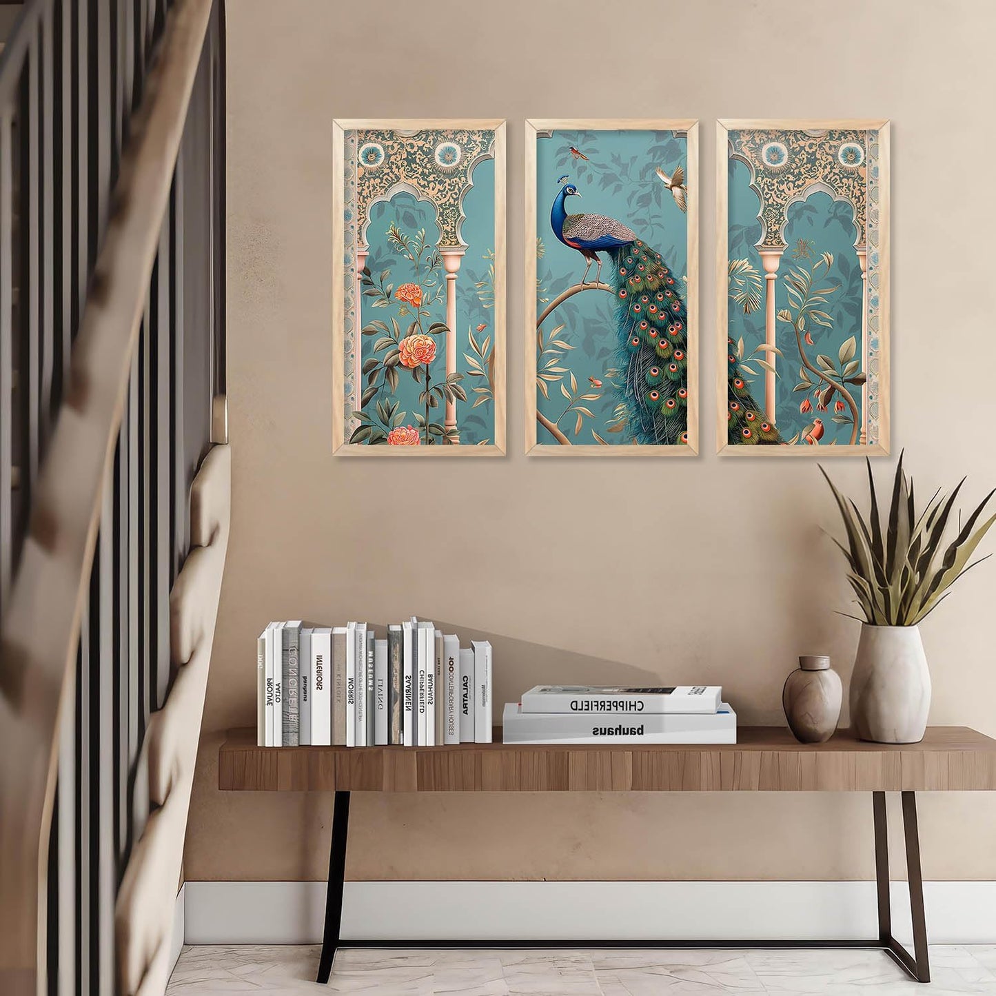 Pichwai Wall Art Painting Set of 3 | Acrylic on 300 GSM Paper | 10 x 19 Inches | Framed with Wooden Backing
