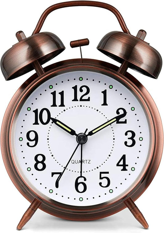 Alarm Clock for Heavy Sleeper, 4 Inches Twin Bell Battery Operated Metal Alarm Clocks with Night Light for Bedrooms, Retro Analog Alarm Clock for Adults, Silent Non-Ticking (Red Brown)