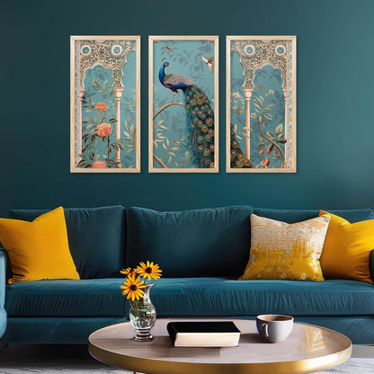 Pichwai Wall Art Painting Set of 3 | Acrylic on 300 GSM Paper | 10 x 19 Inches | Framed with Wooden Backing