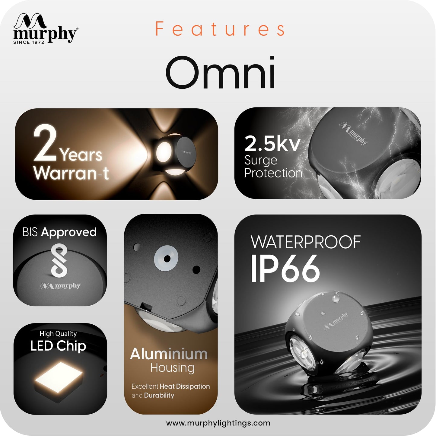 Murphy LED Wall Light - Modern Design, Aluminum, 6W, Warm White, IP65 Waterproof