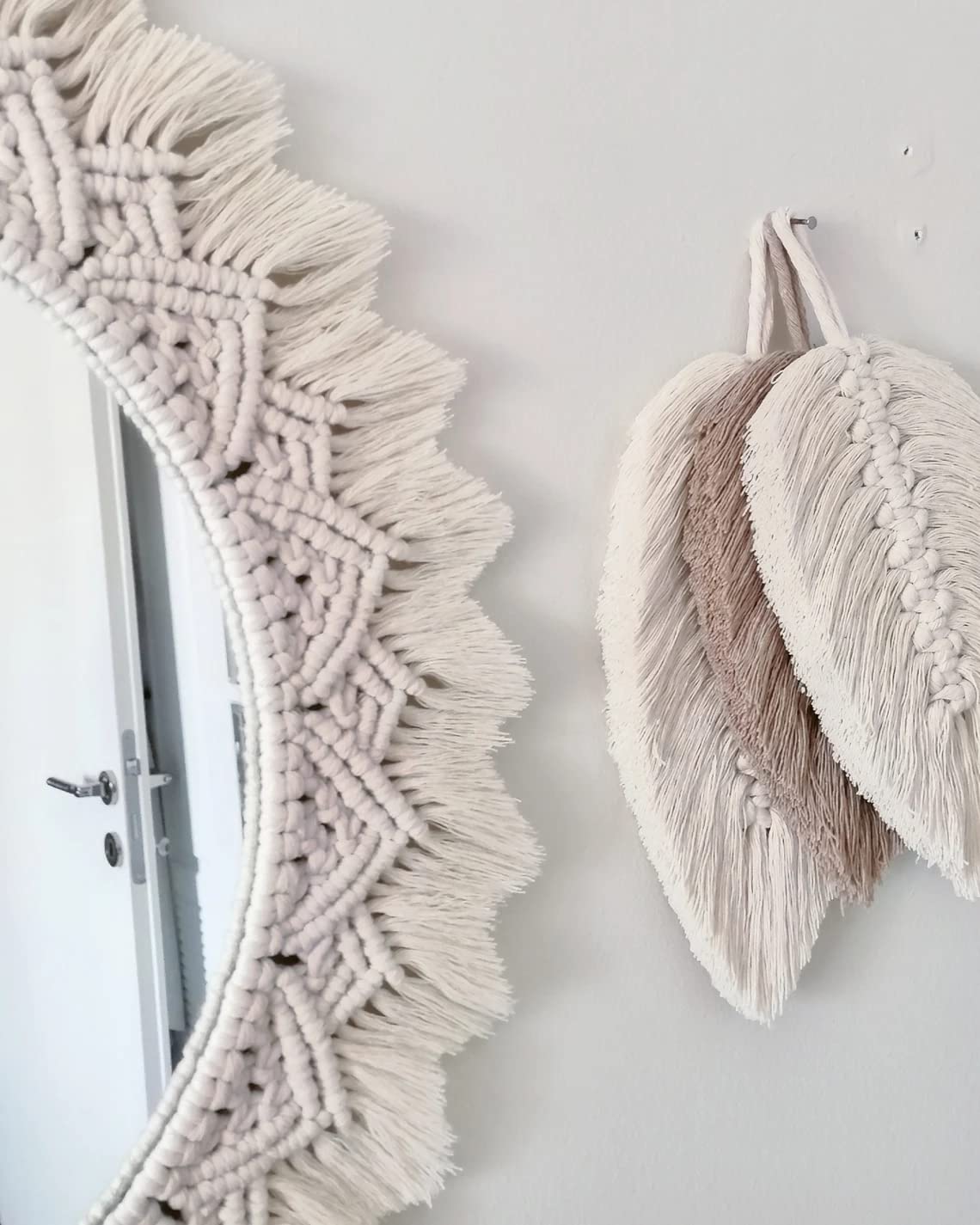 Round Macrame Wall Mirror with Off-White Cotton, 45 cm Diameter, Handmade for Bedroom and Living Room Decor